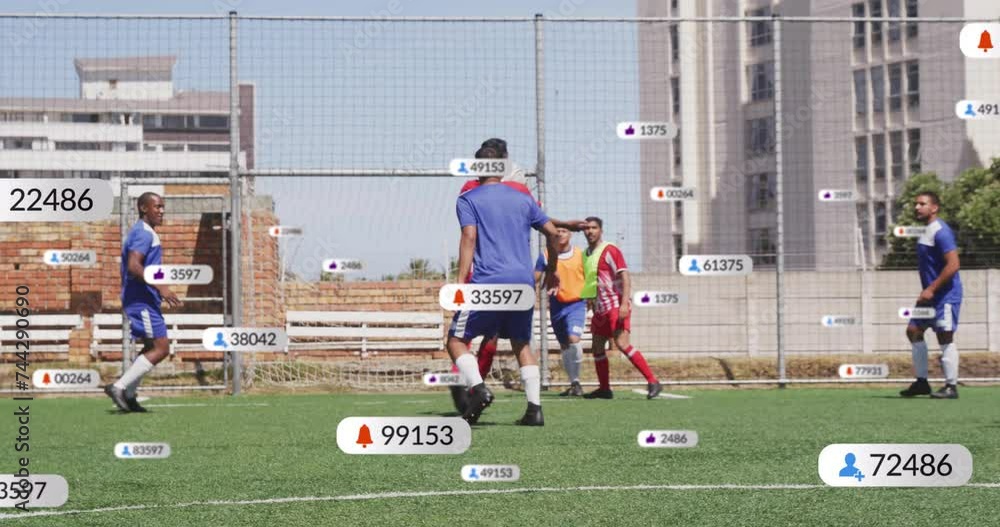 Poster animation of icons and digital data processing over diverse football players on field