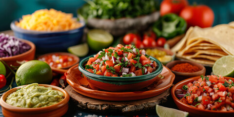 Variedad de salsas preparadas, comida mexicana - obrazy, fototapety, plakaty