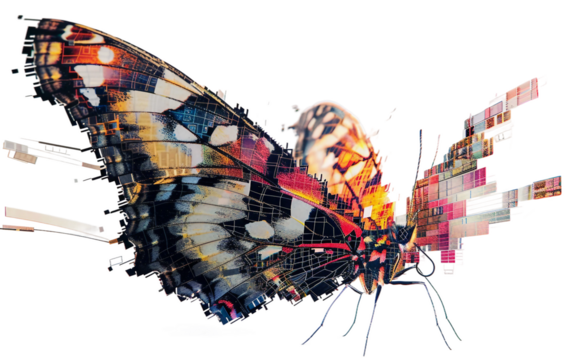 Distorted Butterfly Enhanced with Digital Effects Isolated on Transparent Background.