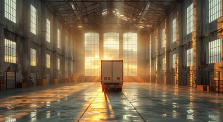 Foto op Plexiglas A solitary truck traverses the vast, dimly lit expanse of the warehouse floor, its presence a stark contrast to the stillness of the indoor building © Larisa AI