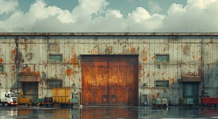 Amidst the bustling city street, a large rusty gate stands guard over the abandoned building, reflecting the cloudy sky above as construction vehicles sit parked among scattered crates