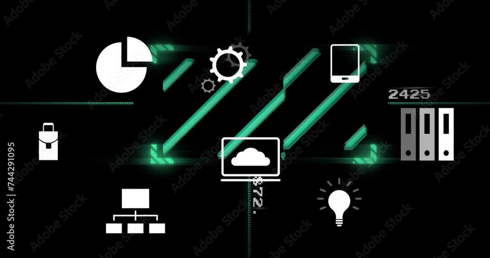 Poster animation of data processing over business icons