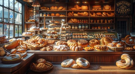 A mouthwatering array of freshly baked pastries and breads beautifully presented on shelves in a cozy bakery window, enticing customers to step inside and indulge in the delectable treats - obrazy, fototapety, plakaty