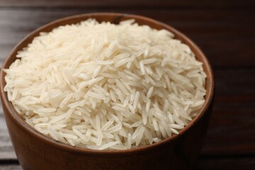 Raw basmati rice in bowl on table, closeup
