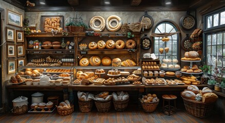 A mouthwatering array of freshly baked goods, artfully arranged on shelves in a charming bakery, inviting customers to indulge in a delicious and comforting snack - obrazy, fototapety, plakaty