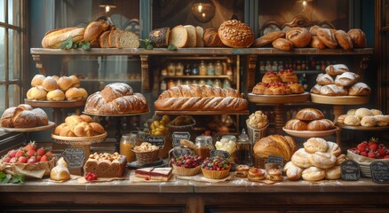 A tempting array of freshly baked delicacies, from crusty loaves of bread to decadent pastries, is beautifully displayed in an indoor bakery, inviting customers to indulge in a variety of mouth-water