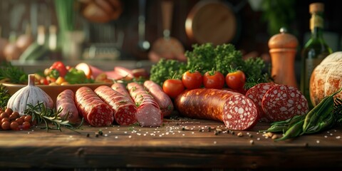 Artisanal sausages and cold cuts with fresh herbs on rustic wooden board, a culinary delight - obrazy, fototapety, plakaty