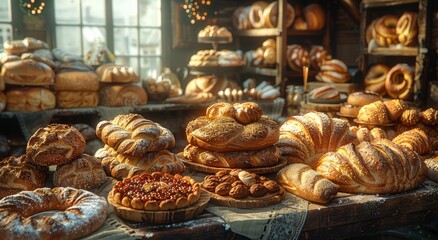 An inviting display of freshly baked bread and pastries, filling the indoor bakery with the comforting aroma of gluten and tempting snacks - obrazy, fototapety, plakaty