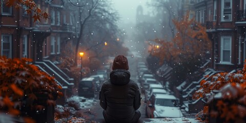 A lone figure perches on a ledge, gazing at the wintry cityscape below through a veil of fog, as cars and buildings fade into the snowy autumn backdrop - obrazy, fototapety, plakaty