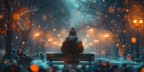 A lone figure sits on a snow-covered bench, illuminated by the soft glow of a streetlight on a winter's night, finding solace in the peaceful stillness of the outdoor scene - obrazy, fototapety, plakaty