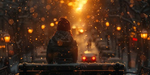 As the winter snow blankets the outdoor world, a solitary figure finds warmth and solace on a bench by a crackling fire in the night - obrazy, fototapety, plakaty