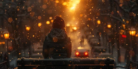 Foto op Plexiglas As the winter snow blankets the outdoor world, a solitary figure finds warmth and solace on a bench by a crackling fire in the night © Larisa AI