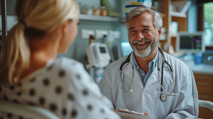 doctor talking to a male patient in a hospital bed. Smiling doctor with clipboard attending to sick man in hospital ward