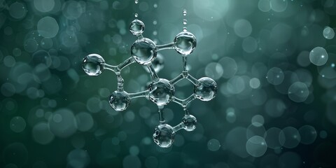 A mesmerizing molecule structure surrounded by delicate water droplets, creating a captivating visual representation of the beauty and fragility of liquid bubbles