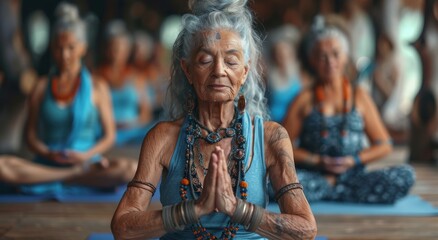 A woman sits with her eyes closed and hands clasped in prayer, her face a portrait of serenity and devotion, draped in elegant clothing as she connects with her humanity - obrazy, fototapety, plakaty
