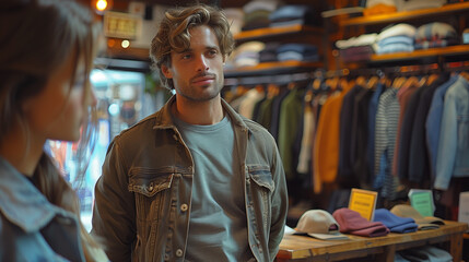Obraz premium men shopping in Modern Clothing Stores, Retail Sales.man in Fashionable Shop, Choosing Stylish Clothes, Colorful Brand Designs, Quality Sustainable Materials 
