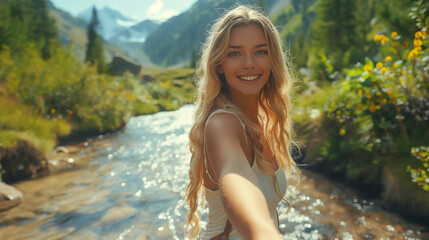 Portrait of a happy young woman holding the hand of her boyfriend while walking by a mountain stream, Couple enjoying a hike in nature by the river