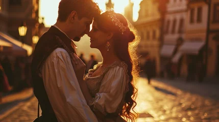 Poster Lifestyle portrait of Medieval young couple showing love at sunrise in Prague city in Czech Republic in Europe. © Joyce