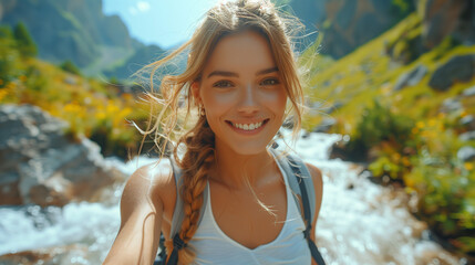 Portrait of a happy smiling young woman holding the hand of her boyfriend while walking by a mountain stream, Couple enjoying a hike in nature
