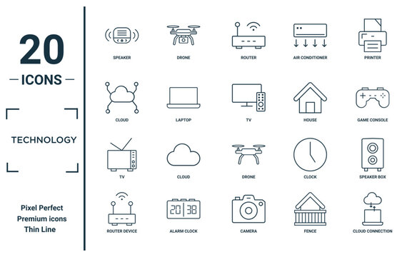 technology linear icon set. includes thin line speaker, cloud, tv, router device, cloud connection, tv, speaker box icons for report, presentation, diagram, web design