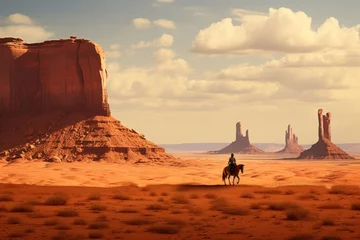 Foto op Plexiglas Cowboy on horseback with landscape of American’s Wild West with desert sandstones. © Joyce