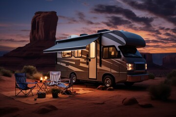RV truck in camping site with landscape of American’s Wild West with desert sandstones.