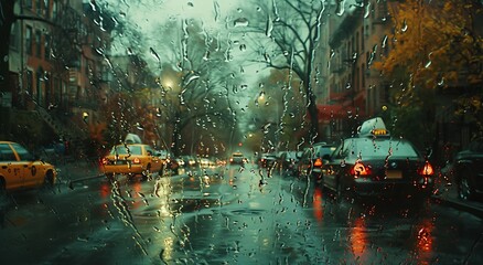 Amidst the glowing city lights, raindrops blur the view of passing cars and towering buildings through the wet window, creating a mesmerizing street art in the dark, rainy night - obrazy, fototapety, plakaty