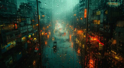 Glimpses of a wet city night captured through a rain-spattered window, the blurred lights and towering buildings creating a dreamlike scene of urban beauty