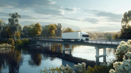 Fototapeta na wymiar Semi-autonomous truck with trailer controlled by artificial intelligence Driving across a bridge over a river freight Transportation of the future