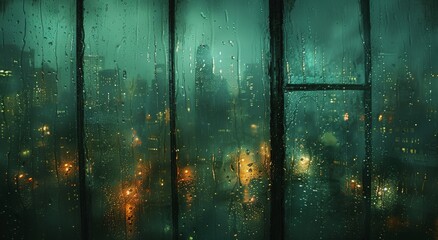 The window's glass glistened with the tears of the sky, illuminated by a soft light as the raindrops danced upon its surface