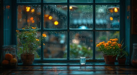 A tranquil scene captured through a rain-spattered window, revealing a cozy indoor garden with delicate flowers in a vase and potted houseplants basking in the soft light