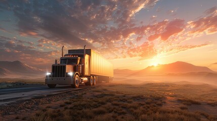 Cargo truck driving through the landscape at sunset, nature background
