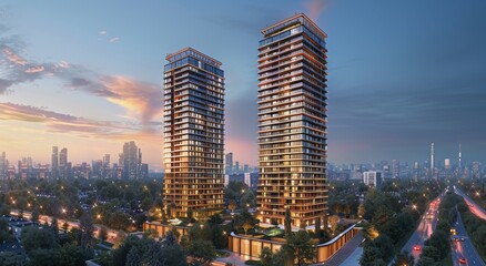 Amidst the hustle and bustle of the metropolis, two towering buildings stand tall, their majestic silhouettes adorned with lush trees, against a backdrop of a vibrant cityscape at sunset