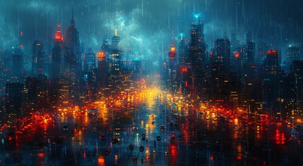 As the rain pours down on the towering skyscrapers and illuminated buildings, the city transforms into a mesmerizing sea of light on a dark, stormy night - obrazy, fototapety, plakaty