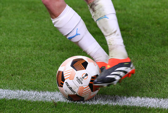 Official UEFA Europa League 2023/24 season match ball on the grass during the UEFA Europa League game Shakhtar Donetsk v Marseille at Volksparkstadion in Hamburg