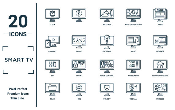 smart tv linear icon set. includes thin line clock, connect, hd, files, process, football, cloud computing icons for report, presentation, diagram, web design