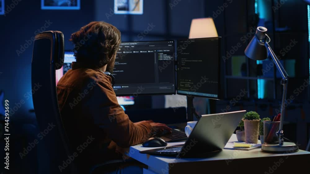 Poster software programmer taking break from coding, putting headphones on and stretching on desk chair dur