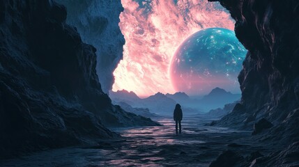 A human in alien land landscape with giant planet and mountains. Fantasy wall paper.