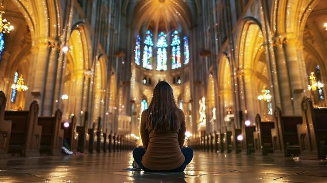 a woman sitting cross-legged praying in a magnificent church. seamless looping time-lapse virtual 4k video Animation Background.