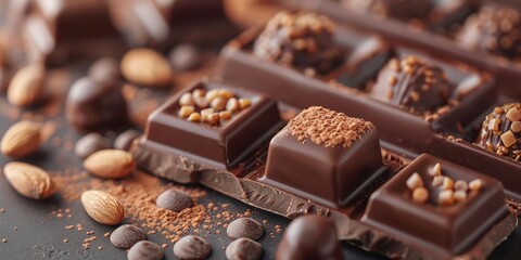 Assortment of fine chocolates with nut toppings, a feast for the senses on a dark background. - obrazy, fototapety, plakaty