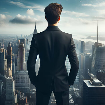 Back of Businessman Office Consultant in a Black Suit is Standing on Top of Rooftop Hill with his Hands in Pockets Overlooking the Foggy City from Above. Business Leader Wanderer. Window to the World
