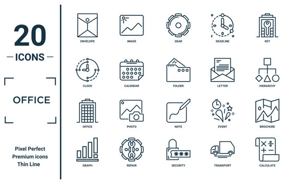 office linear icon set. includes thin line envelope, clock, office, graph, calculate, folder, brochure icons for report, presentation, diagram, web design
