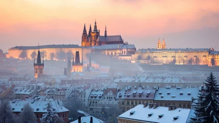 Keuken spatwand met foto Beautiful historical buildings in winter with snow and fog in Prague city in Czech Republic in Europe. © Joyce