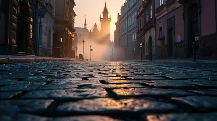  Low angle view of street with historical buildings in Prague city in Czech Republic in Europe. © Joyce
