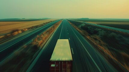 Obraz premium Transport truck at high speed drives on highway through countryside landscape. Fast motion blur on the expressway