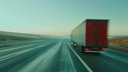 Transport truck at high speed drives on highway through countryside landscape. Fast motion blur on the expressway