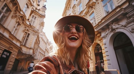 Young traveler taking selfie in street with historic buildings in the city of Prague, Czech Republic in Europe.