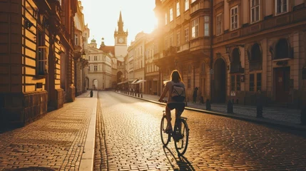 Poster Young traveler riding a bike in street with historic buildings in the city of Prague, Czech Republic in Europe. © Joyce