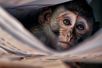 Curious Monkey Peeking Through Paper
