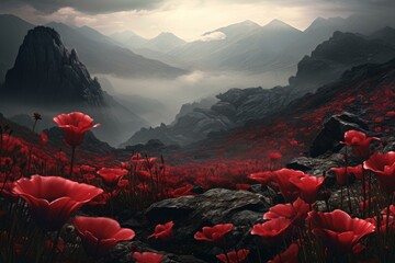 Red flowers mountain view. Sunset landscape. Generate Ai